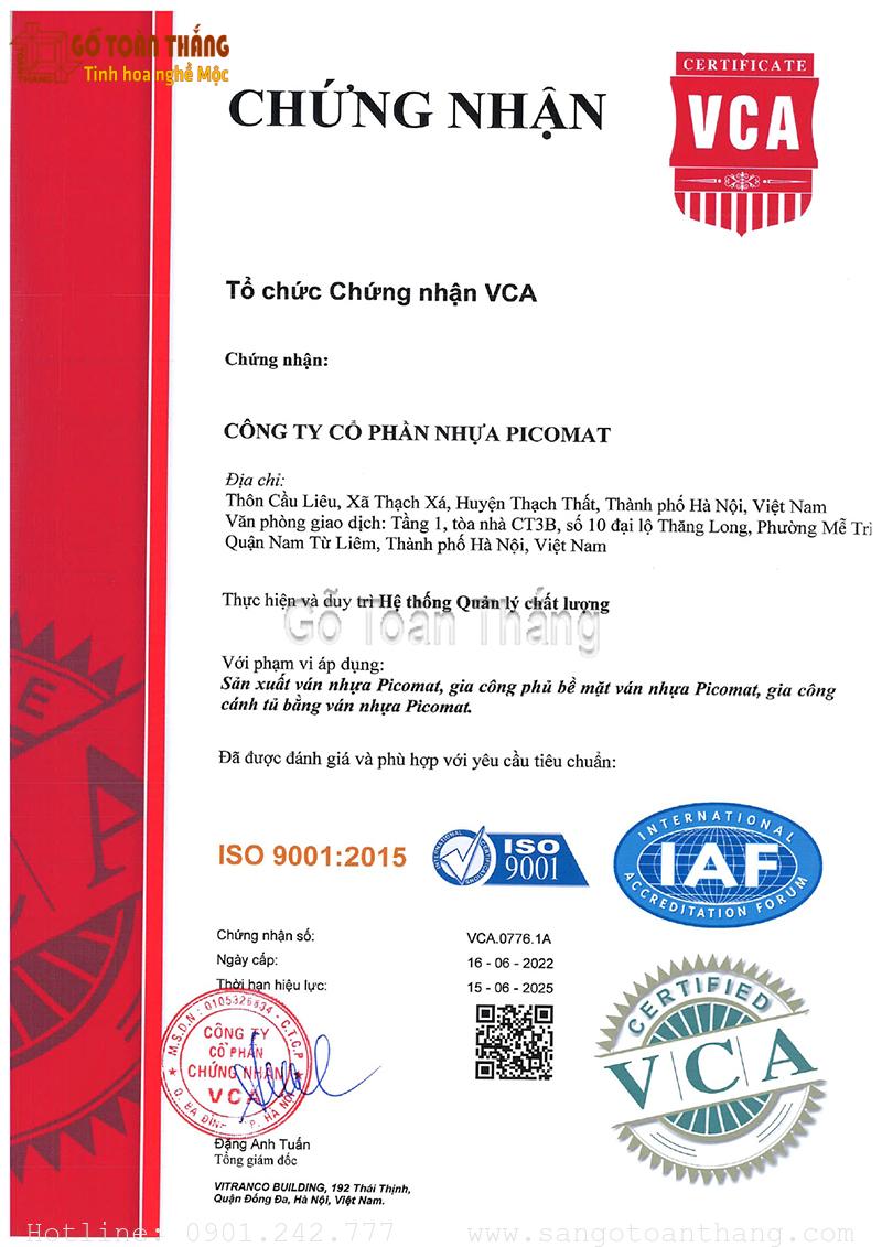 Giấy chứng nhận chất lượng tấm Nhựa Picomat