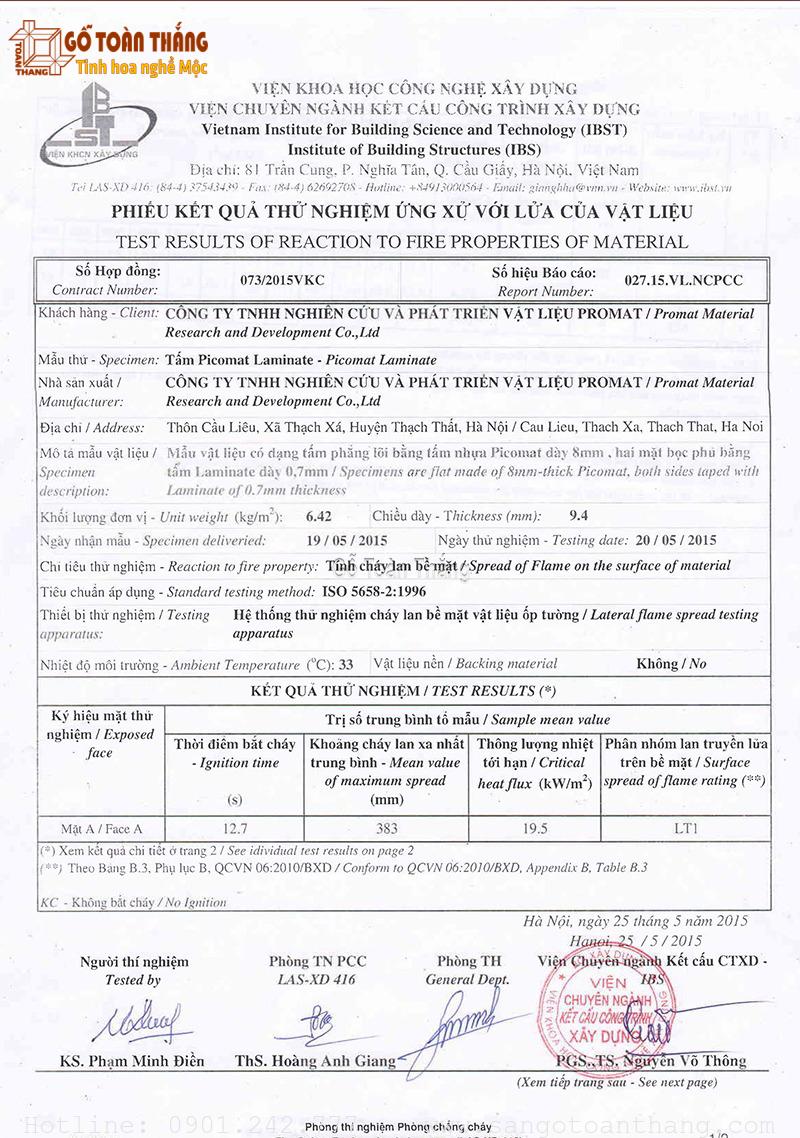 Phiếu thử nghiệm chất lượng tấm Nhựa Picomat