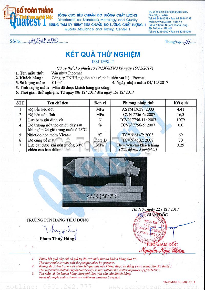 Kết quả thông số kỹ thuật sau kiểm định