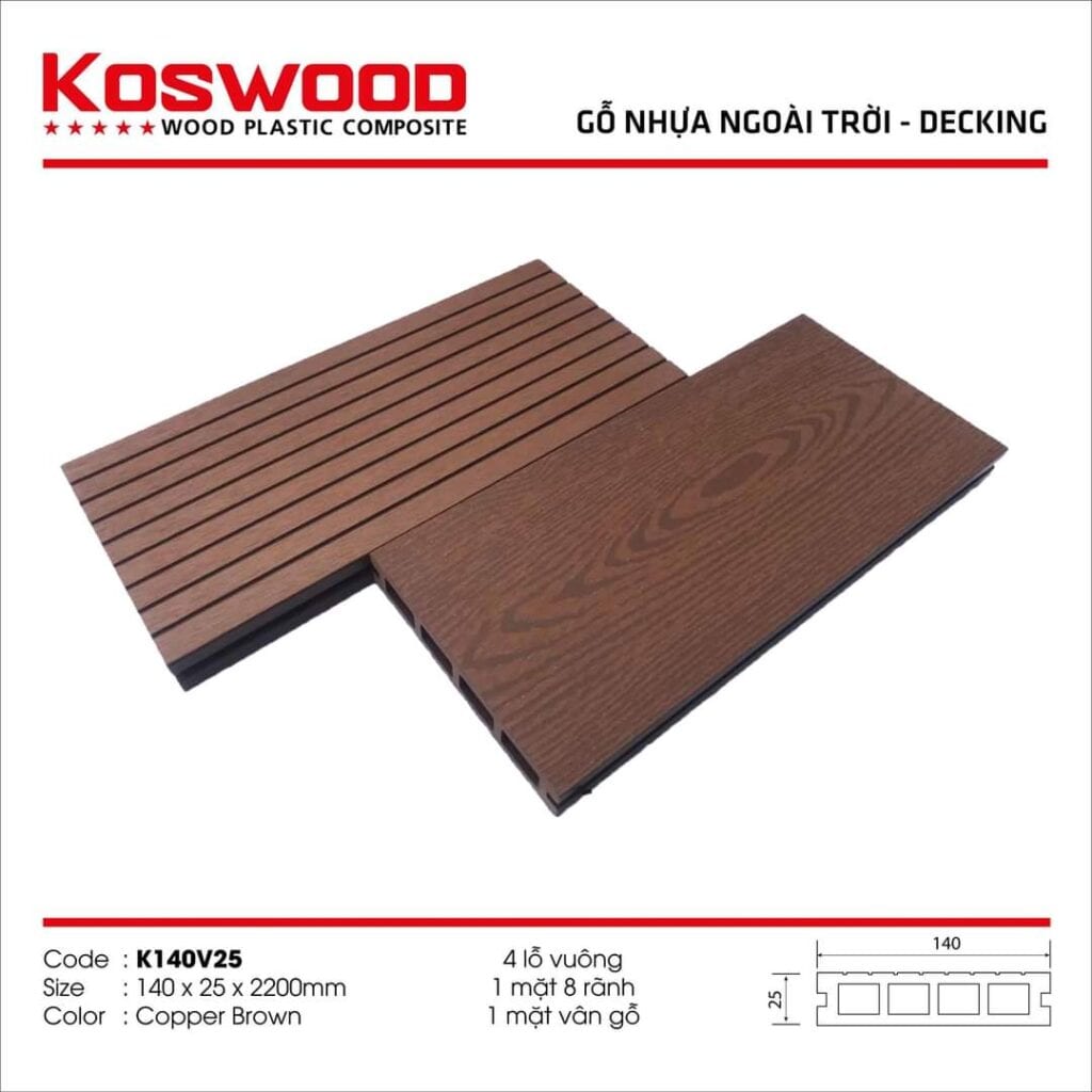 Sàn gỗ nhựa Koswood 4 lỗ vuông K140V25-CB
