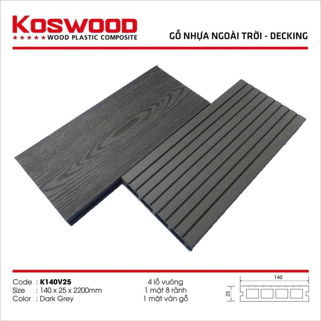 Sàn gỗ nhựa Koswood 4 lỗ vuông K140V25-DG