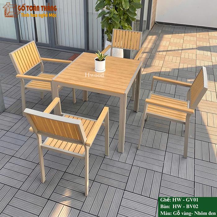Bộ bàn ghế gỗ nhựa ngoài trời HW BV-02 Teak 1 Bộ bàn ghế gỗ nhựa ngoài trời HW BV-02 Teak